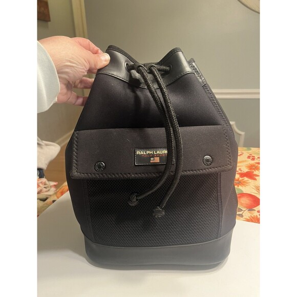 Vtg 90’s Ralph Lauren Neoprene Drawstring Black Bucket One Shoulder Bag Unisex